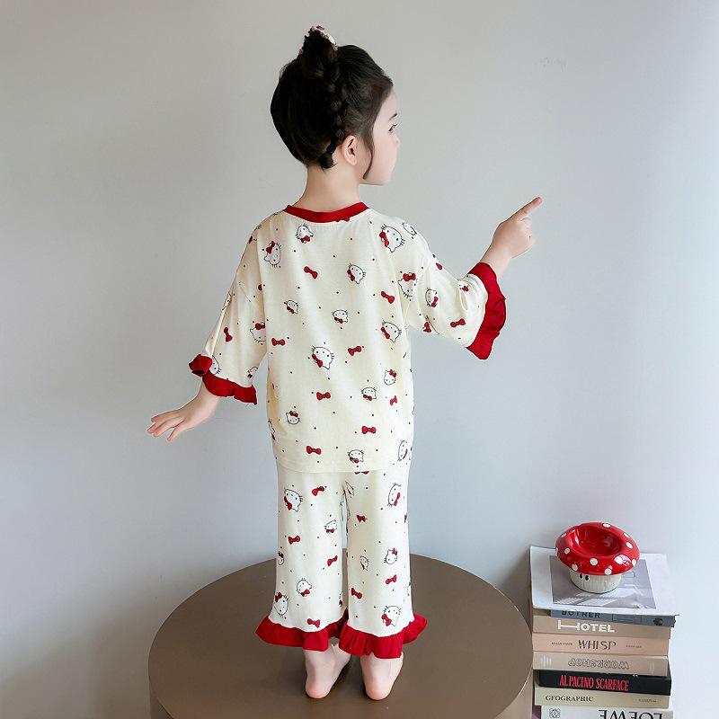 Girls' Summer Modal Pajamas - Cartoon Princess Style, Three-Quarter Sleeves. Perfect Air Conditioning Home Wear for Kids.