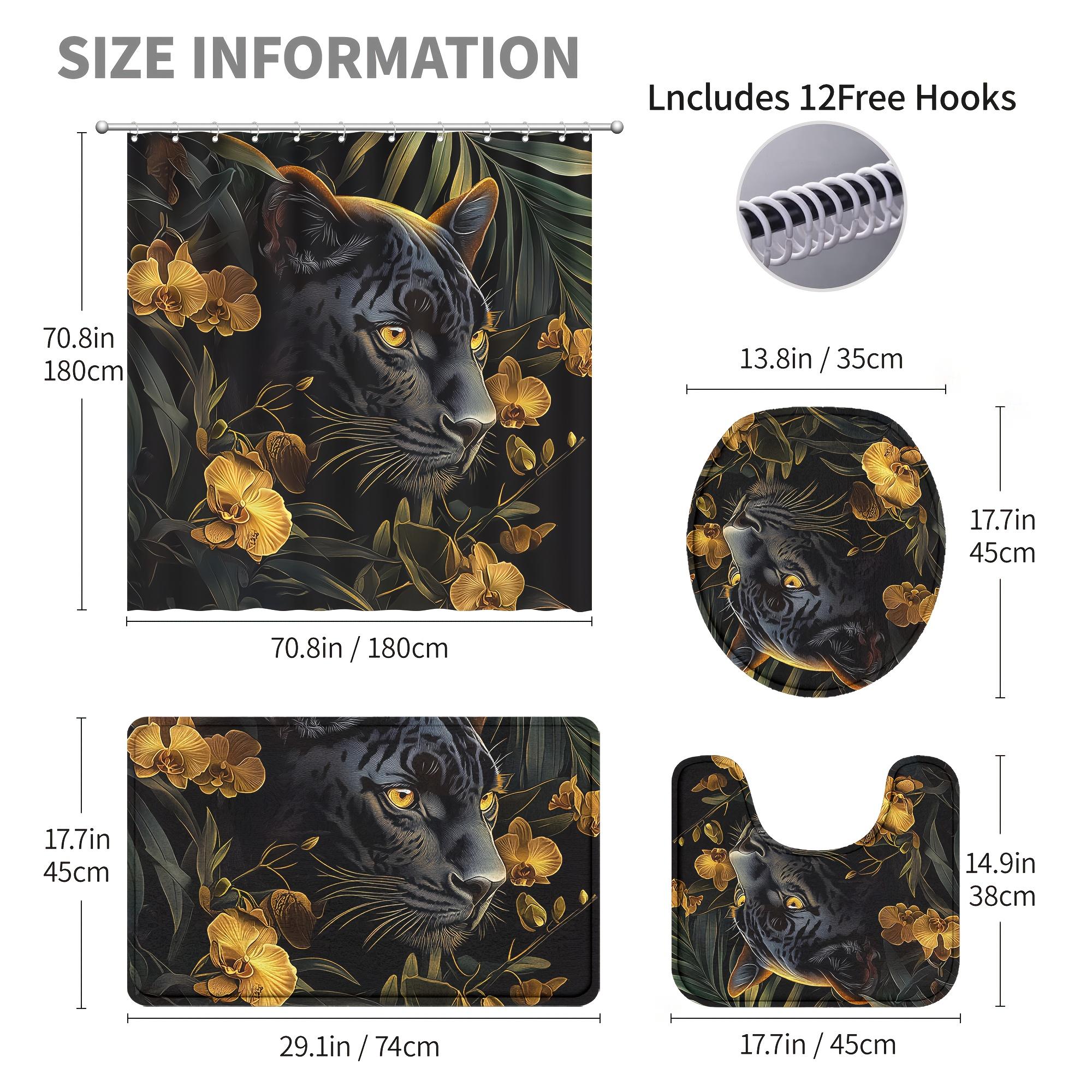 

Tropical Black Leopard Bathroom Set: Waterproof Shower Curtain, Soft Contour Carpet, Stylish Toilet Seat, Non Slip Bathtub Pad W60H190(CM)-1 Pcs