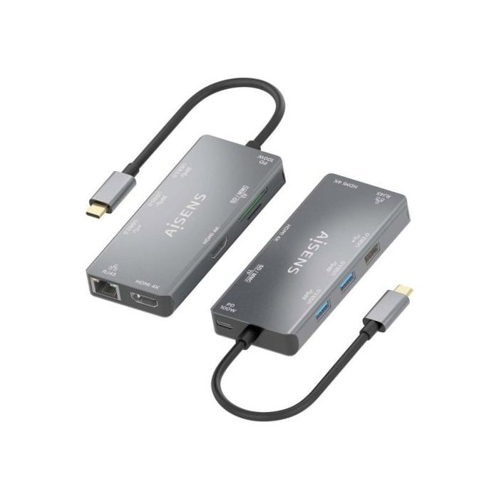 Hub aisens usb-c dock 9 en 1 usb-c 2xhdmi rj45 2xusb-a 3.0 usb-a 2.0 pd