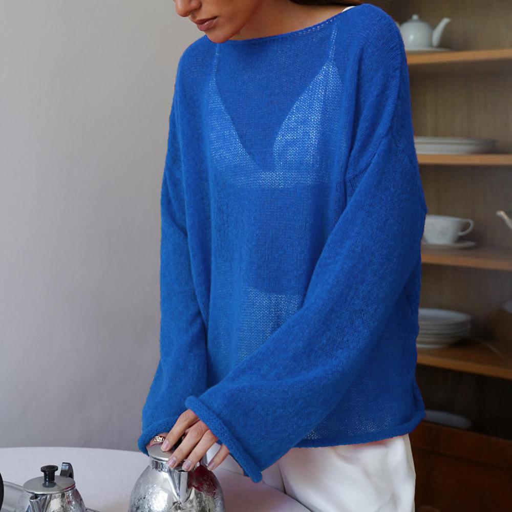 

Ажурная трикотажная рубашка весна/лето женская перспектива тонкая большая круглая горловина рукав труба трикотажная футболка L синий