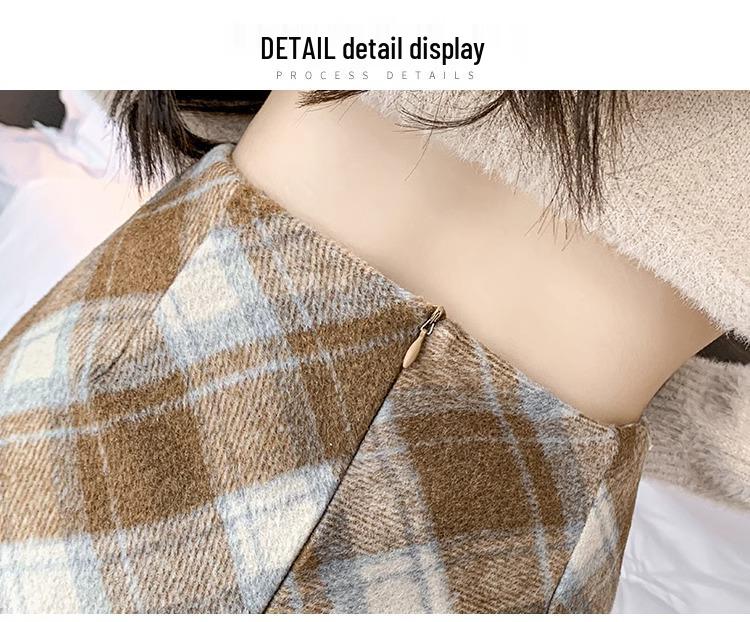 Women's Red Plaid Wool Midi Skirt: Spring Autumn Winter 2024, Slimming High Waist, A-line Bodycon Mini