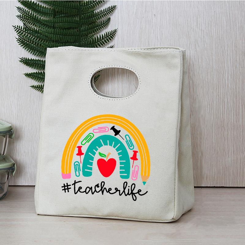 Rainbow Teacher Print Portable Lunch Box Bags Thermal Insulated Bento Tote Office School Food Cooler Storage Pouch Teacher Gifts