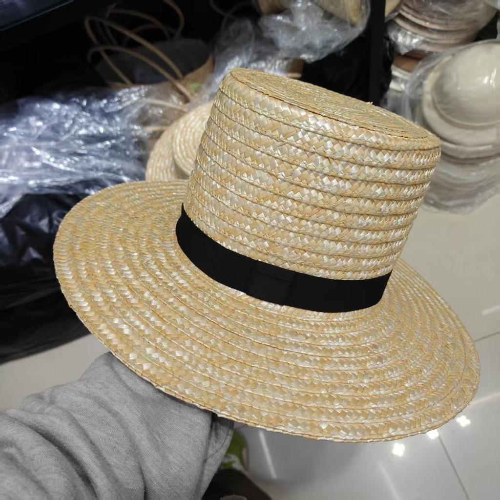 Cappello a tesa larga da uomo in paglia Classico Cappello a tesa piatta Cappello da sole estivo da spiaggia con fascia nera Cappelli Panama Gondoliere Vintage Traspiranti