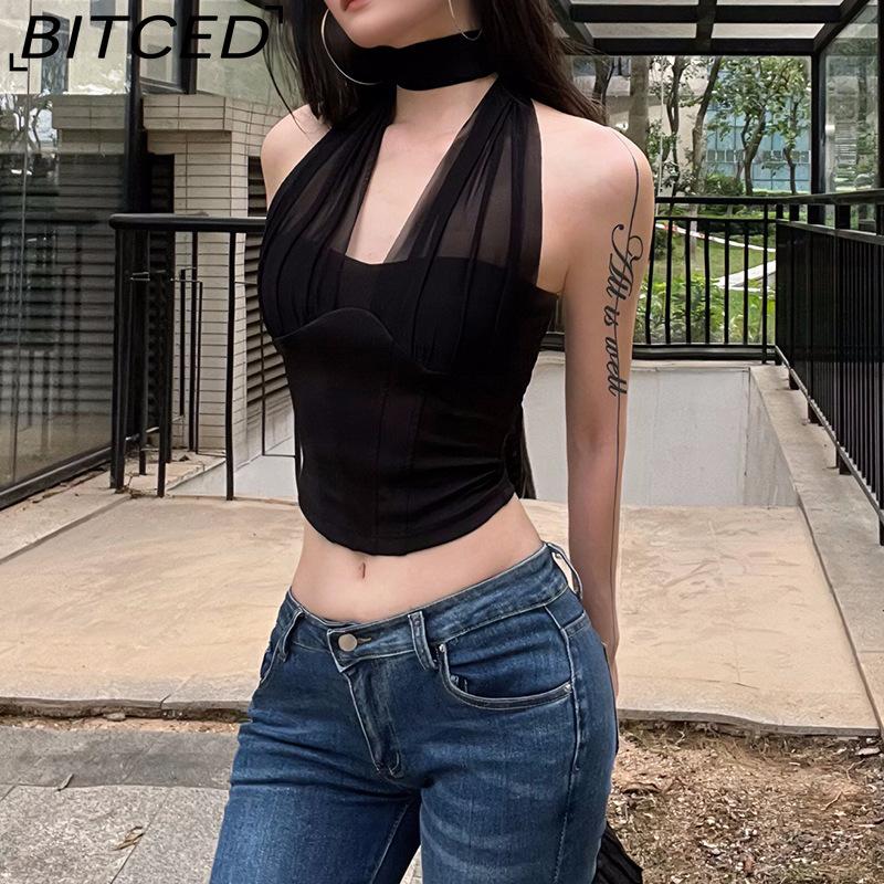 BITCED Summer Women's Solid-Colour Sexy Halterneck Fishbone-Style Crop Top