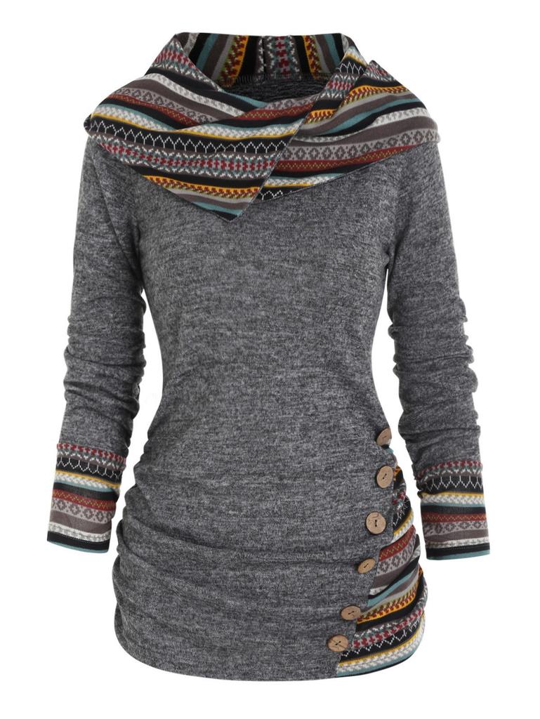 Tribal Geometric Stripe Splicing Hooded Knitted Long Sleeve Button Top Casual Ethnic Sweater Women