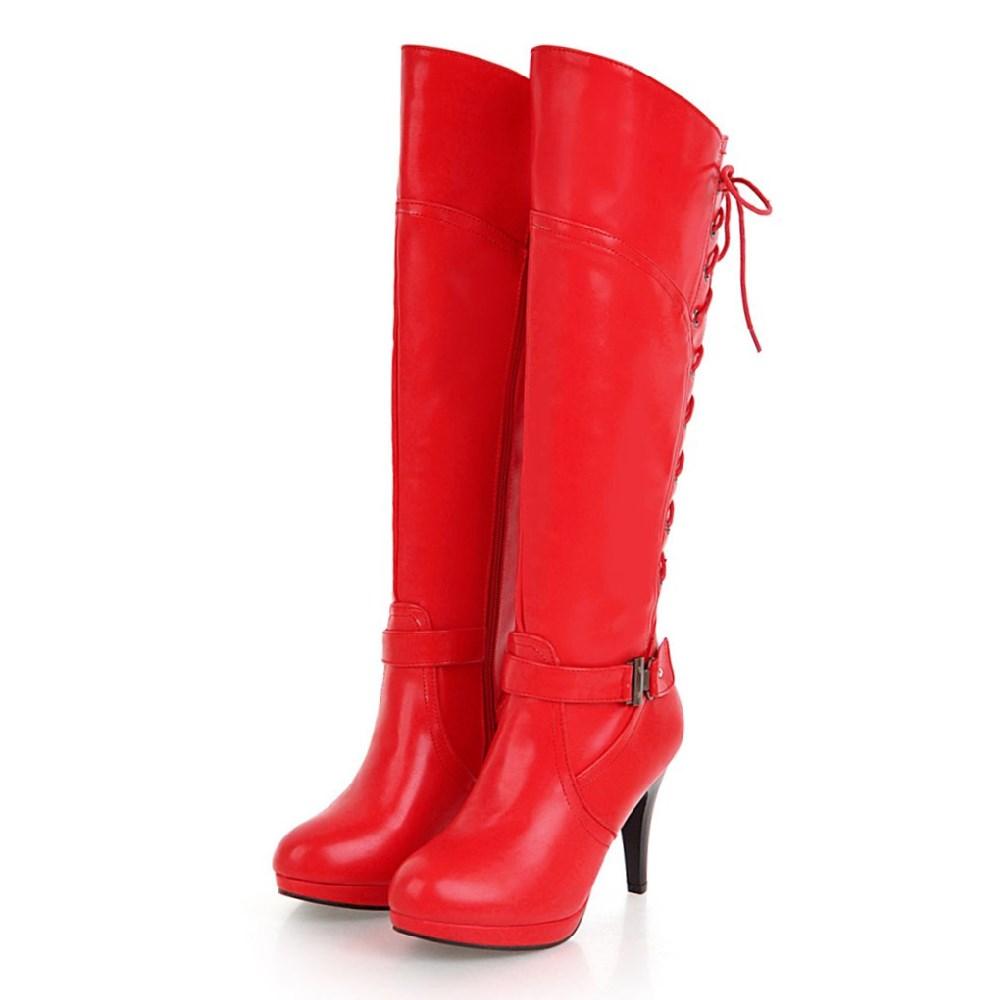 Winter Women Lace-up Platform Knee High Boots Red Black Spike Heel Round Toe Sexy Dress Party Lady Buckle Belt Zipper Long Boots