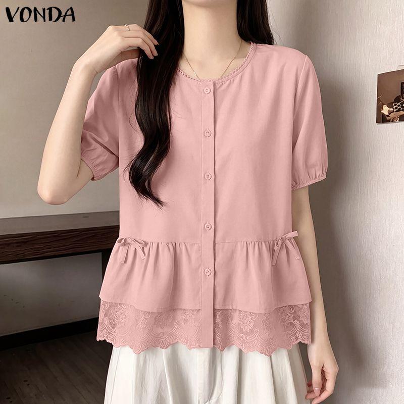 VONDA Summer Women Short Sleeve Lace Hem Casual Ruffled T-shirts Tops Blouse
