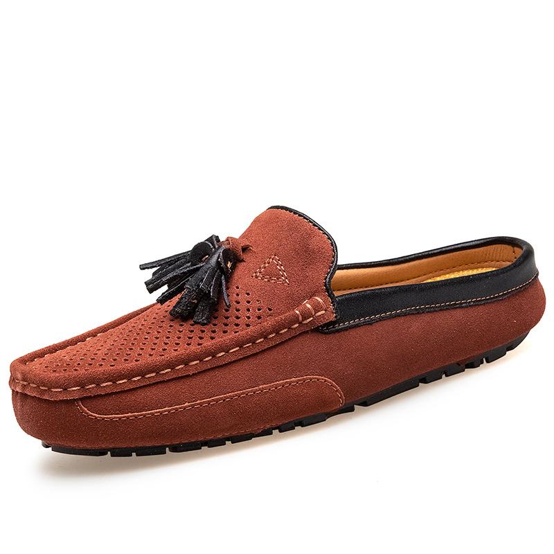 Fashion Breathable Suede Leather Loafers Handmade Mens Casual Muller Shoes Size 38-47 Tassel Slip on Half Flats Handmade Male Moccasins