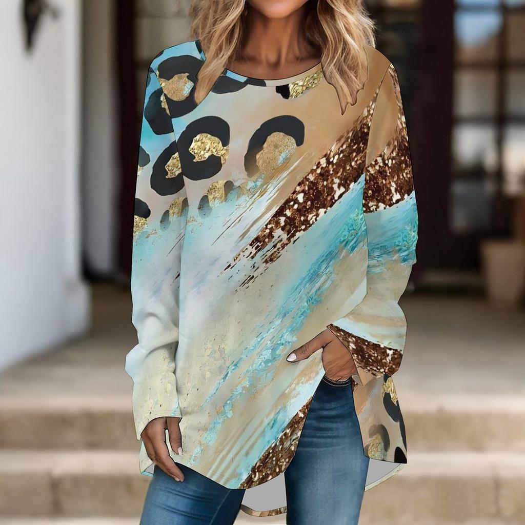 Women Long Sleeve Tunic Top Print Crew Neck Loose Fit Blouse With Pockets Casual Daily Wear Ladies Tops