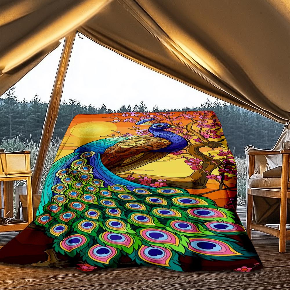 1pc Peacock Feather Throw Blanket Polyester Fiber, Lightweight Flannel, Soft & Warm, All Season Use for Outdoor, Camping Digital Print 80x120cm