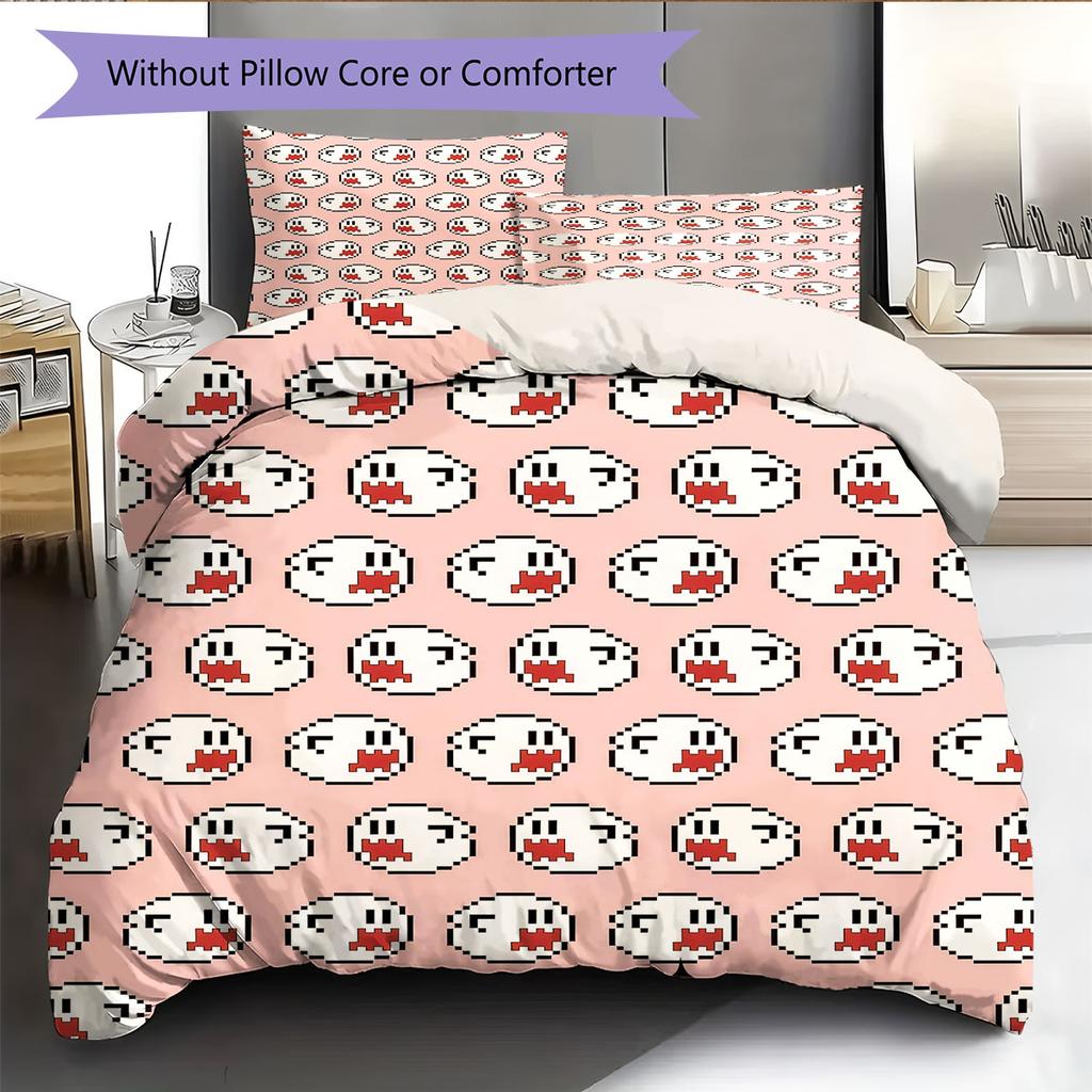 Boo Mario Pattern Bedding Home Decoration Birthday Gift ( 1 Duvet Cover + 2 Pillowcase, Without Core),fan Merchandise.