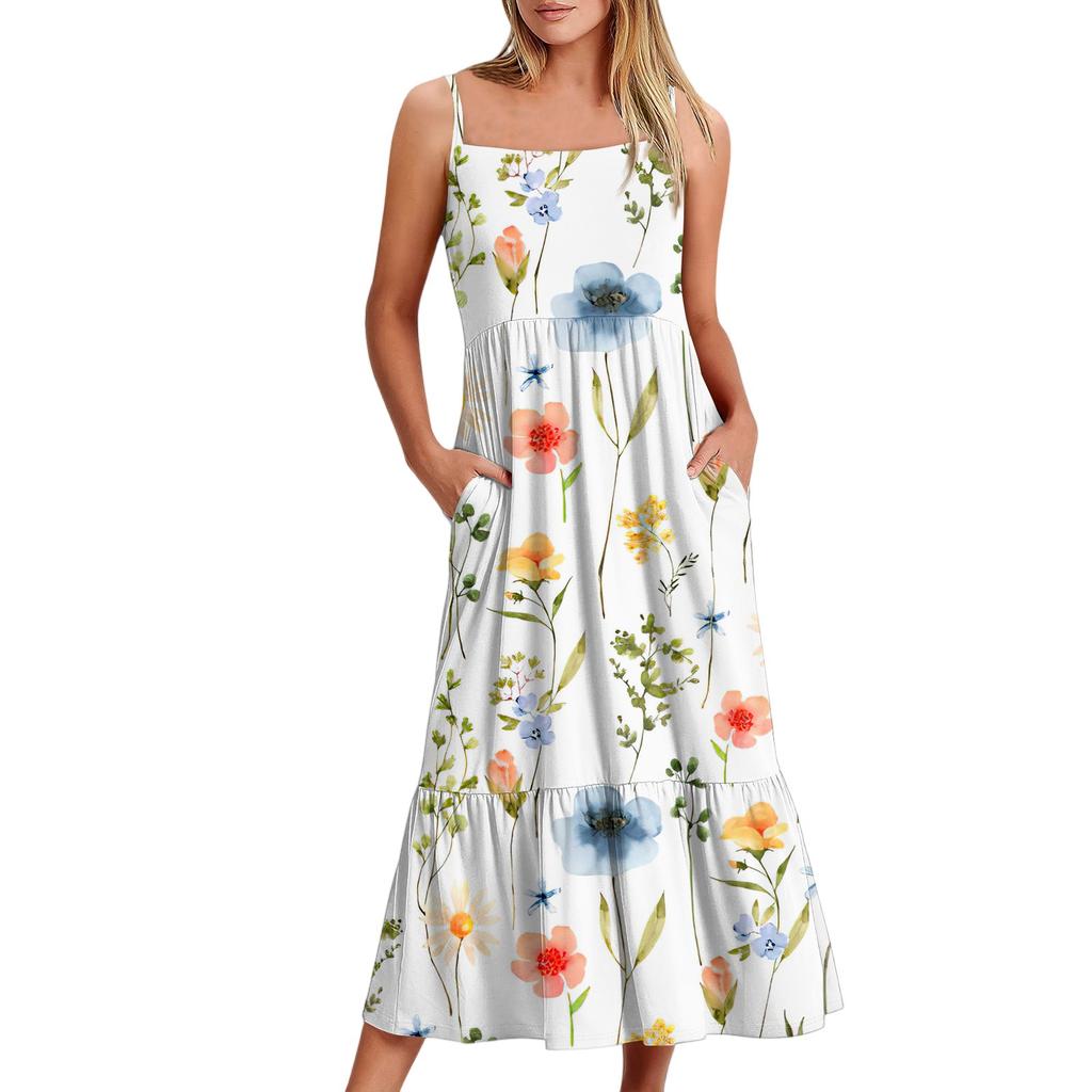 Women's Long Beach Casual Elegant Spaghetti Strap Maxi Dress Floral Low-key Flowing Bohemian Dress