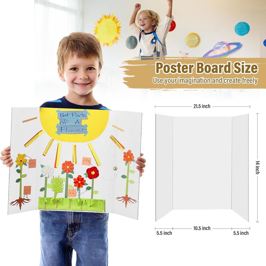 4 Pcs Trifold Poster Board, 21.5x14 inches Small White Poster Board Comes with Sticky Accessories, Corrugated Presentation Boards, Display Board for