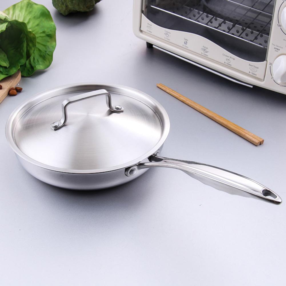 Stainless Steel Frying Pan Uncoated Non-Stick  Pot Kitchen Cookware Saucepan with Long Handle