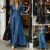 Robe en Jean Polyvalente pour Femme Robe Maxi Boutonnée Manches Longues Col à Revers V Élégant Décontracté Col Fluide Coupe A Jupe en Jean avec Poches Coupe Ample Été