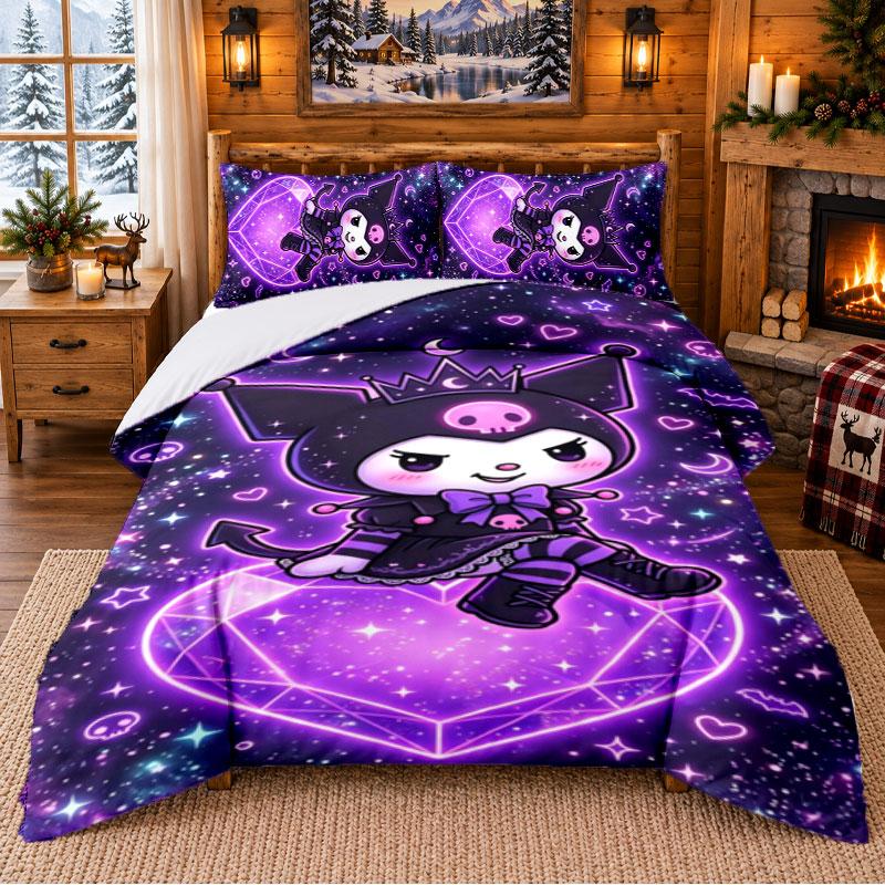 Kuromi Pattern Bedding 3Pcs Set Bed Sheet And Pillowcases For Indoor Bedroom