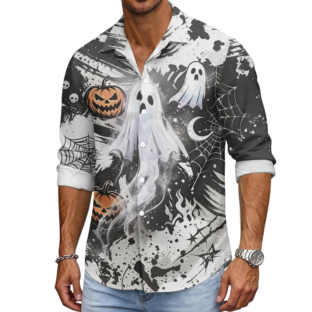 Men's Halloween Long Sleeve Button Down Shirt with Collar Casual for Holiday Parties