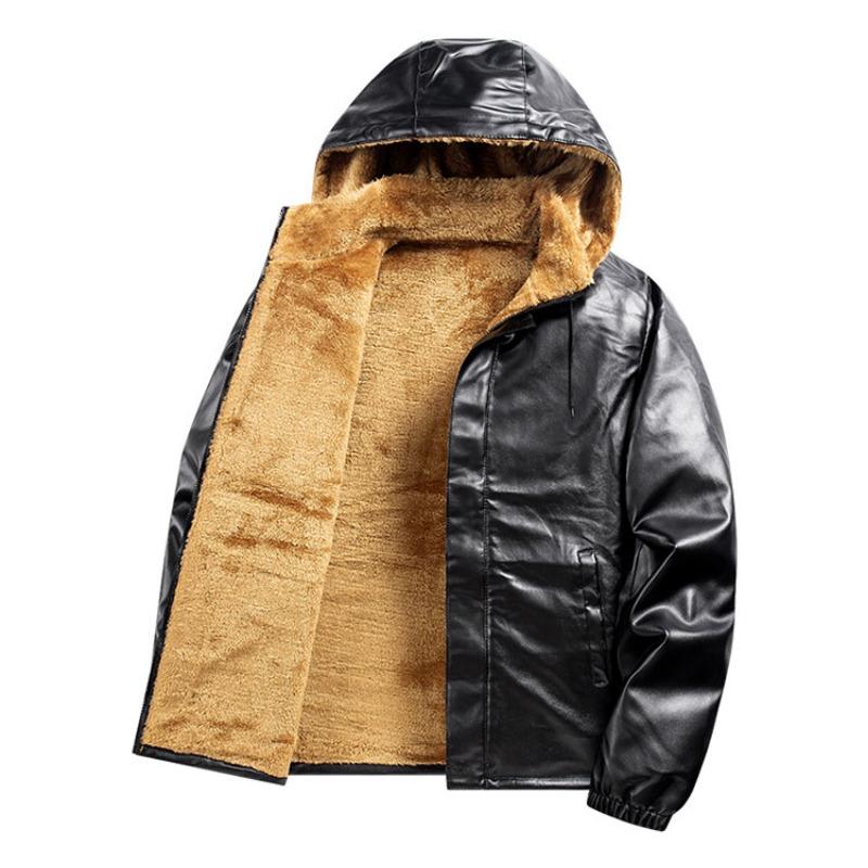 Men's Autumn and Winter Solid Color Pu Leather Jacket Hooded Casual Velvet Warm Coat Top