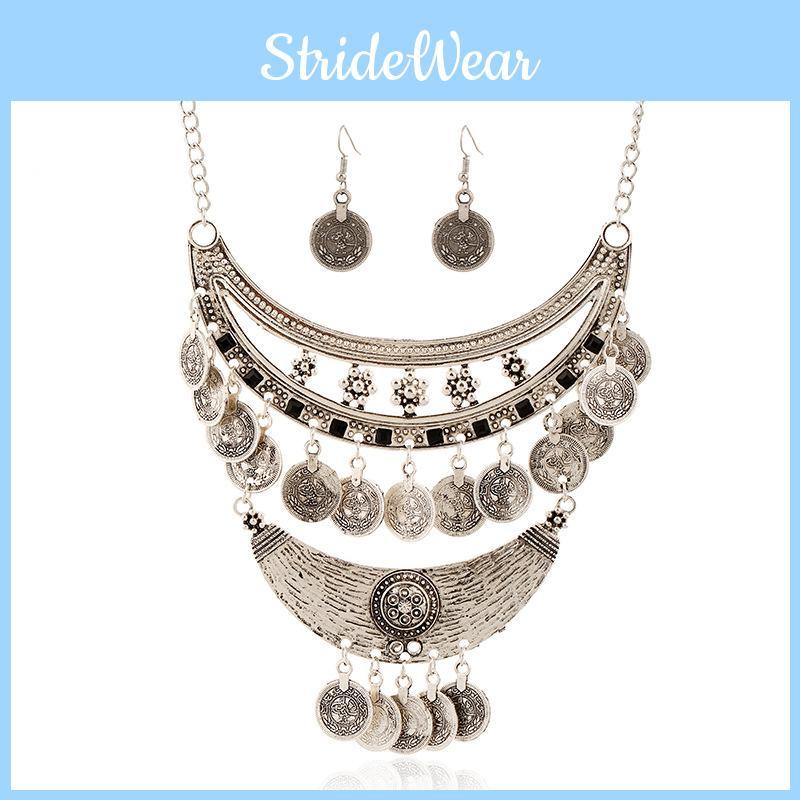 Coin Carved Vintage Tassel Necklace With Alloy Material And Layered Design Chain