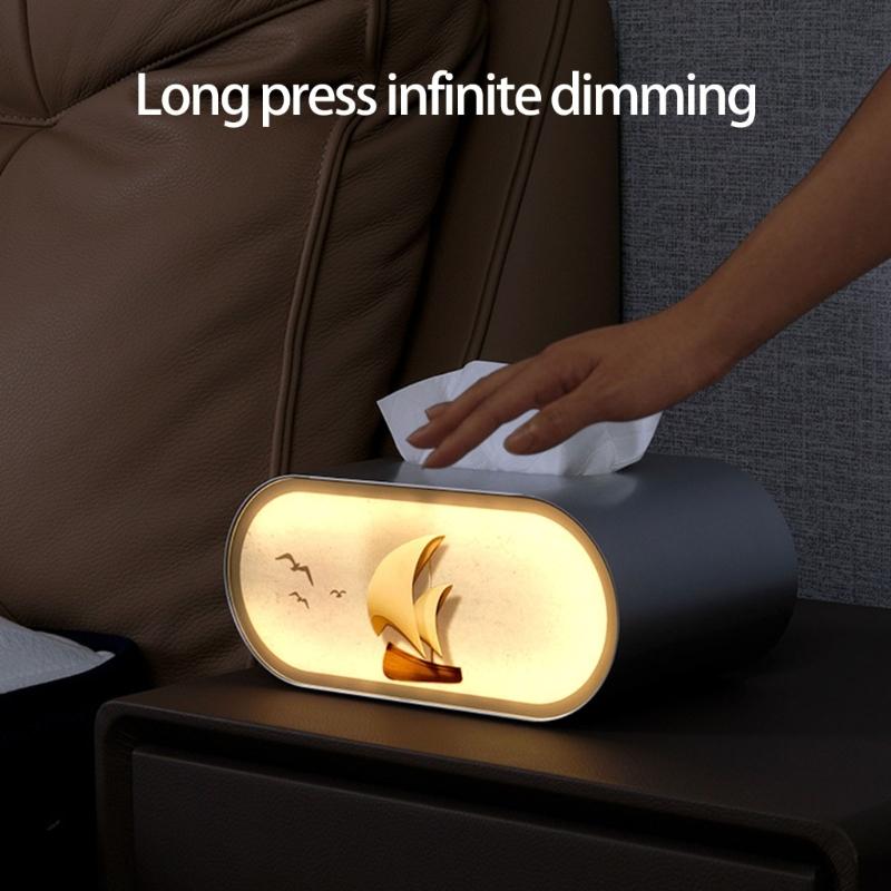 Modern Artistic LED Tissue Box Holder Large Opening Napkin Storage Box with Night Light for Smooth Pulling Enduring