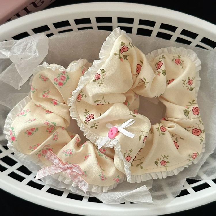 Lace Trimmed Floral Hair Scrunchy Hair Decors Stretchy Soft Fabric Ponytail Holder for Women Girls Various Hairstyles