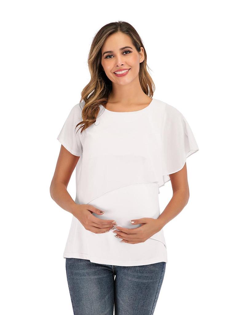 2023 Women's Chiffon Patchwork Maternity Nursing Top, Summer Short Sleeve