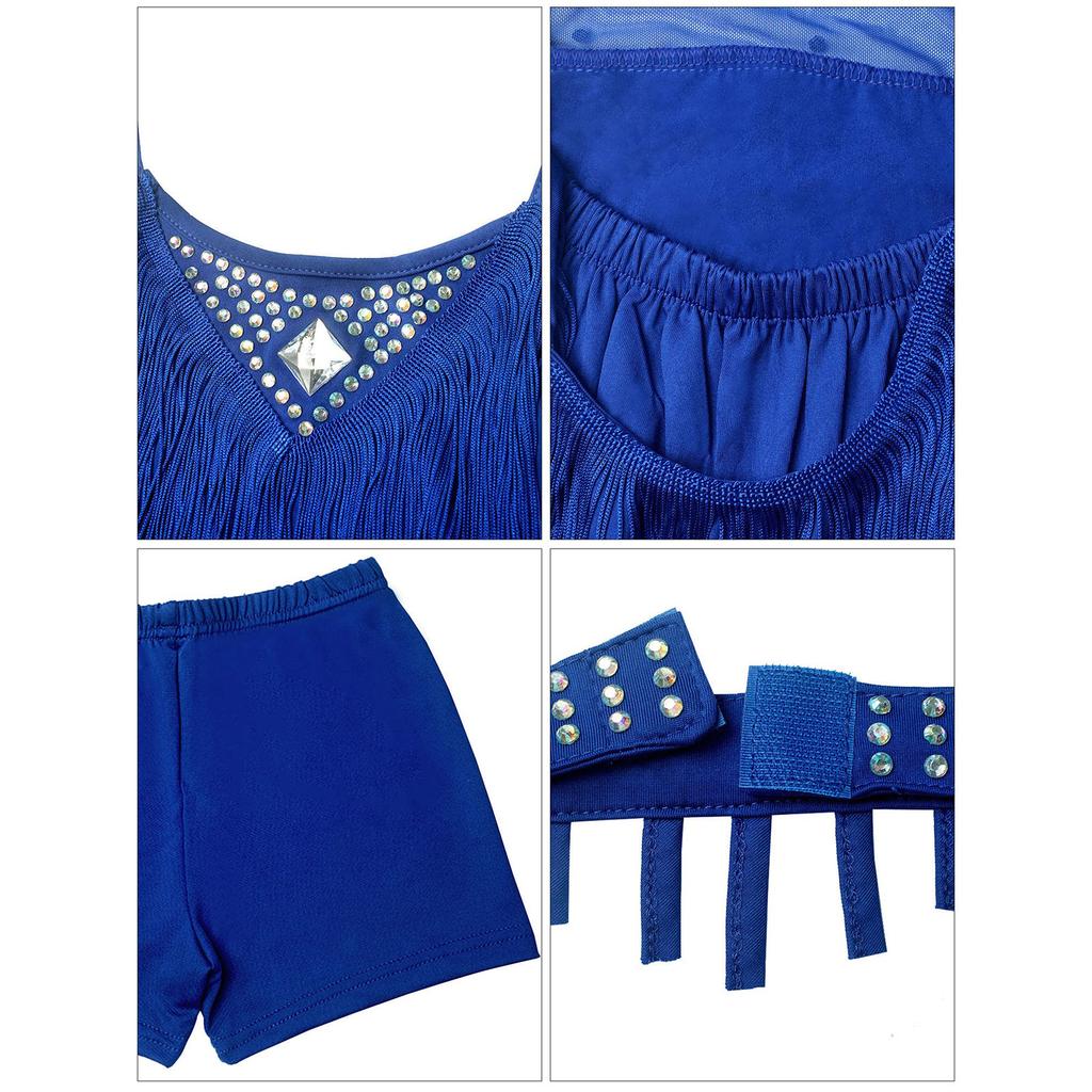 Vestido de Danza Latina para Niñas Niños Diamantes Brillantes Halter Sin Mangas Borlas Vestido de Baile Samba Rumba Jazz Cha Cha Disfraz de Baile
