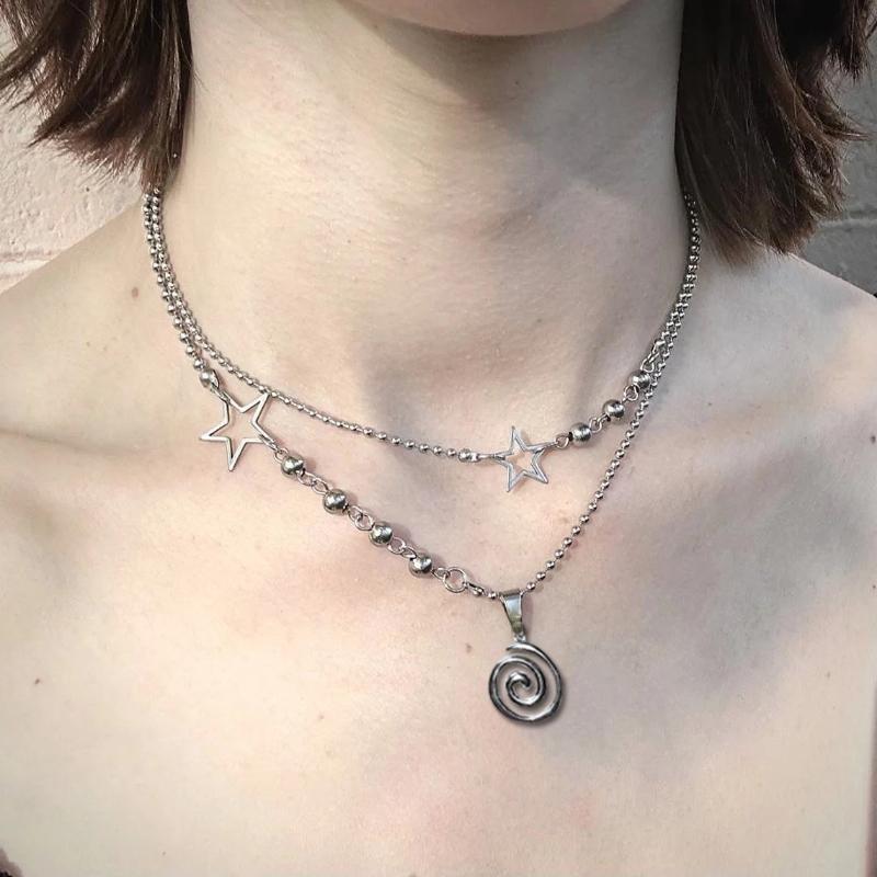 Stainless steel spiral pendant necklace / layered choker / star charm necklace / grunge cyber fairycore subversive archive