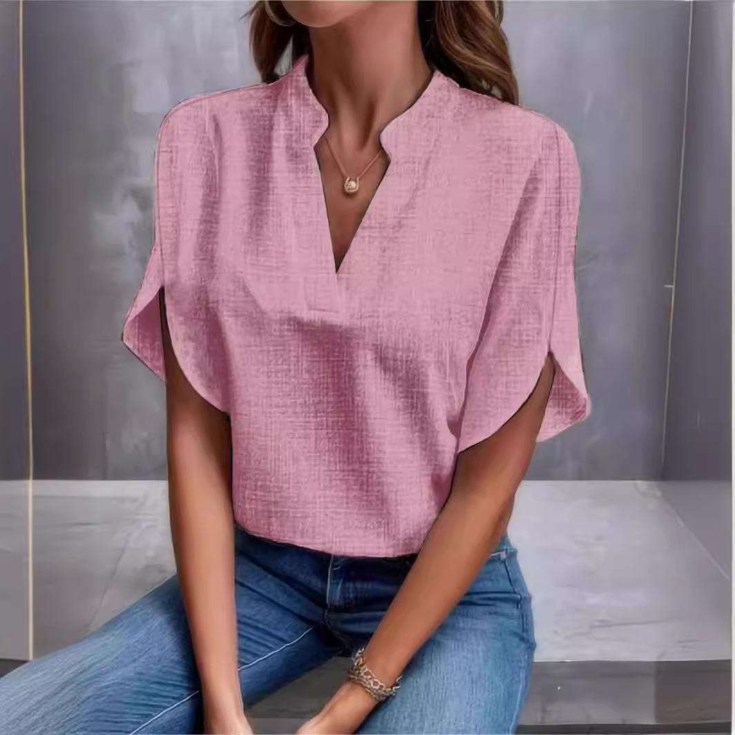 

IHUASU женская летняя однотонная свободная льняная блузка с v-образным вырезом и открытыми плечами, женская блузка XXL розовый