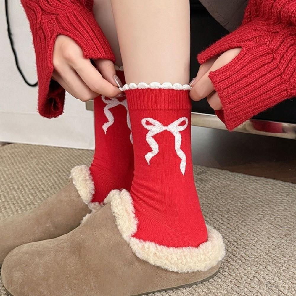 5 Pairs Breathable Polka Dot Socks Combed Cotton Stripe Socks Kitten Red Socks  Spring Festival