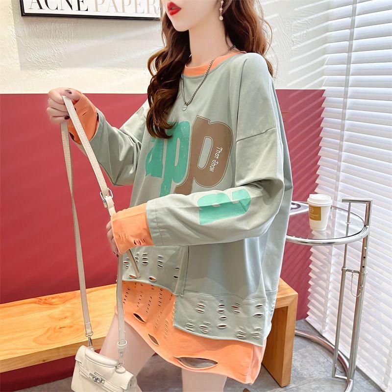 Spring Autumn Women Loose Casual Hoodie Korean Style Fake Two Piece Plus Size Oversized Patchwork Tops Ripped Sweatshirts