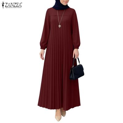 Women Round Neck Long Sleeve Casual Pleated Long Dress