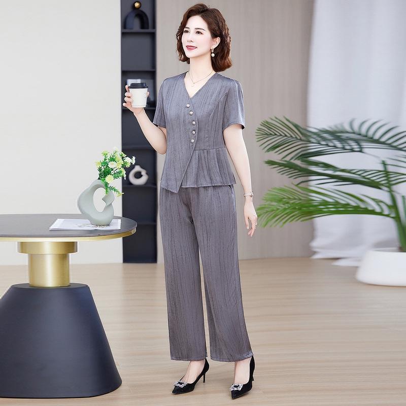 Women's Summer Slimming Two-Piece Set: Short Sleeve Blouse & Wide-Leg Pants