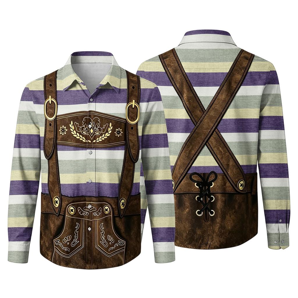 Herren Oktoberfest 3D-Druck Locker geschnitten Langarmhemd Button-Down-Kragen Lässig Vintage-Stil Atmungsaktives Hemd für Outdoor-Veranstaltungen und Partys
