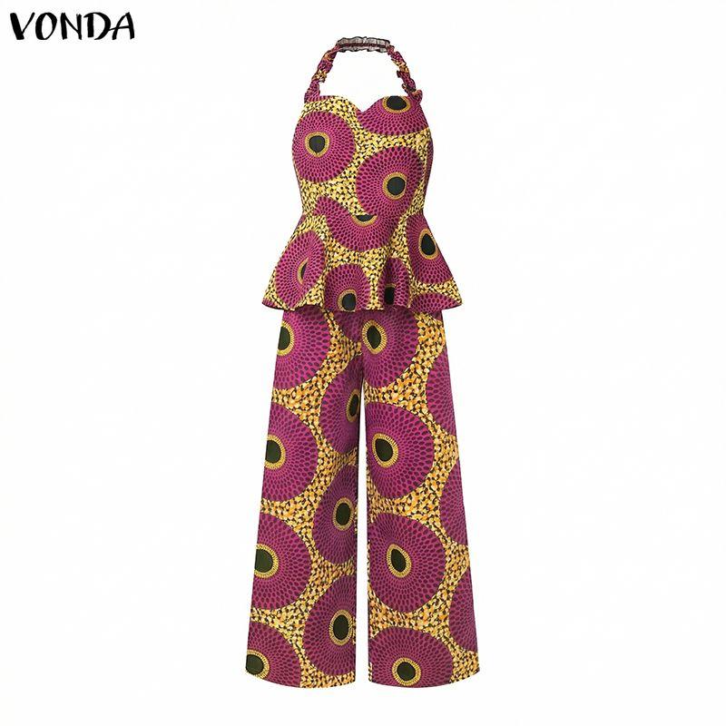 VONDA Two Piece Suit Women Sleeveless Floral Print Halter Tops and Long Pants Casual Sets