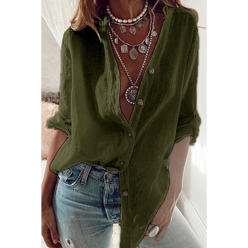 VEZFAA Women's Fashion Casual Spring Autumn Solid Color Print Long Sleeve Blouses & Shirts