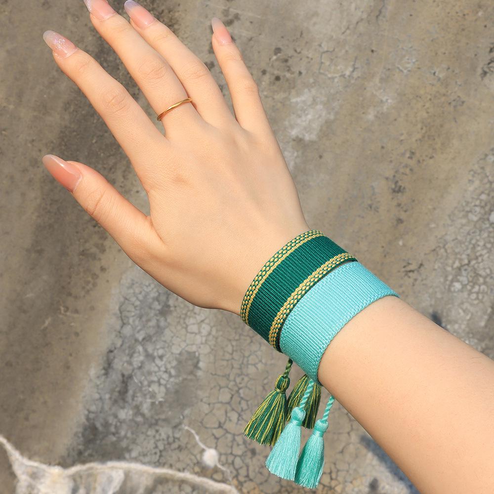 Adjustable European & American Fashion Embroidered Polyester-Cotton Tassel Bracelet with Customizable Logo