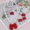 Princess Jewelry for Little Girls, Handmade Bow Pearl Kids Jewelry Set, Stretch Necklace Bracelets Rings and Clip on Earrings, Perfect for Dress Up