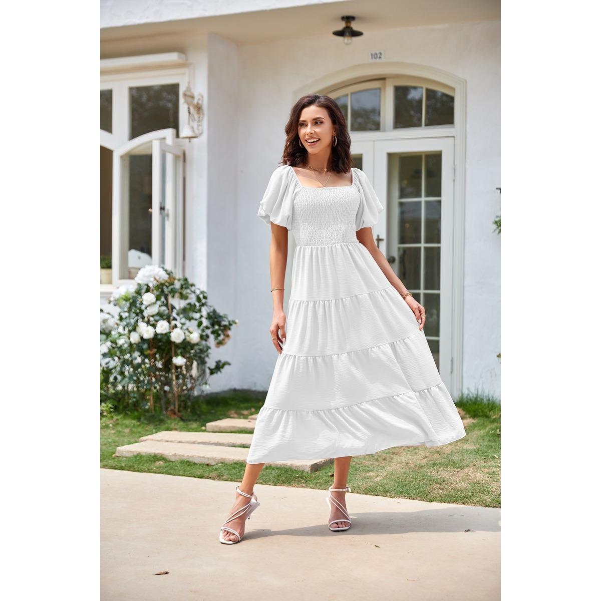 Women s Square Neck Puff Short Sleeve Midi Dress Loose Fit High Waist Elegant Tiered Dress S