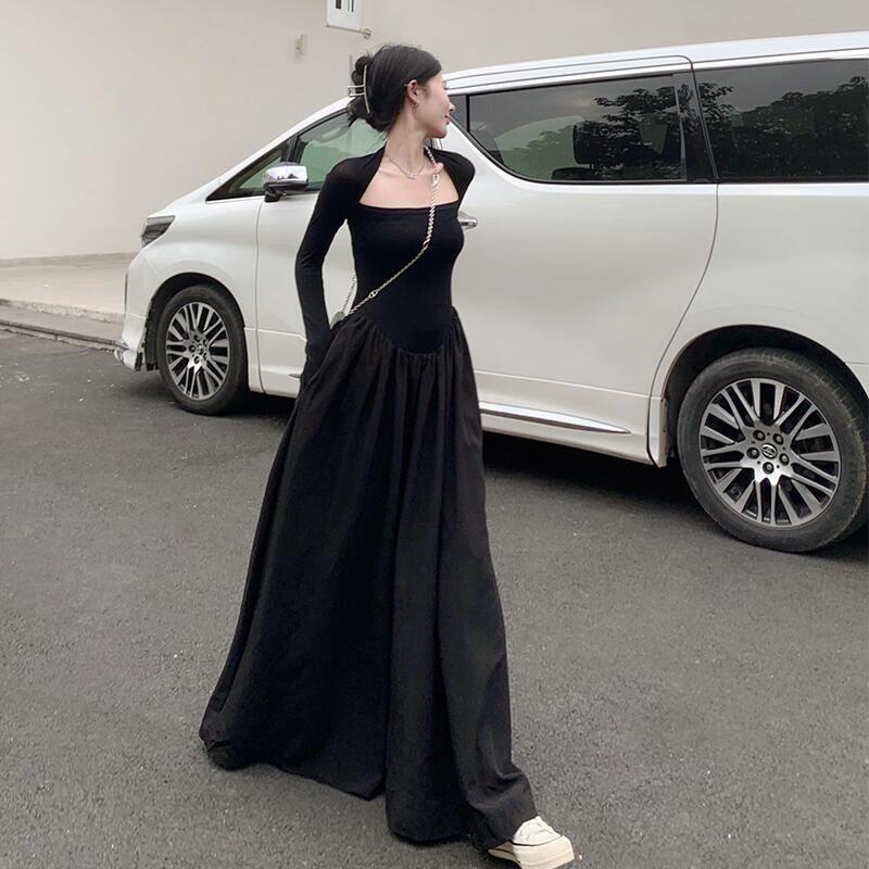 New Korean version black French dress women s Hepburn style small black dress thin design temperament long dress S чёрный