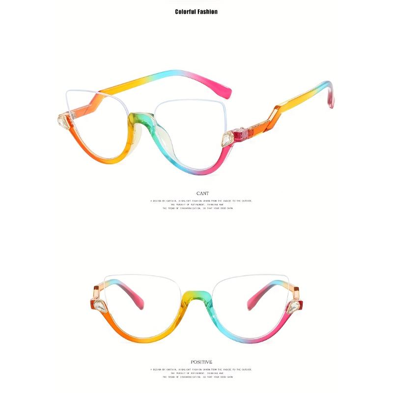 Man Women's Trendy Half Frame Cat Eye Glasses Fashionable Light Casual Glasses Diamond Studded Retro Flat Mirror