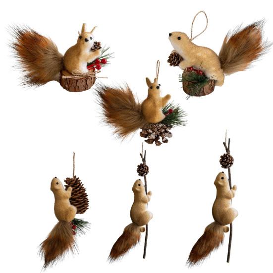 Ozdoby Świąteczne Zwierzęta Leśne Puszysta Sztuczna Sierść Dekoracja Wiewiórki ze Sznurkiem do Zawieszania Ozdoby 3D na Leśną Choinkę