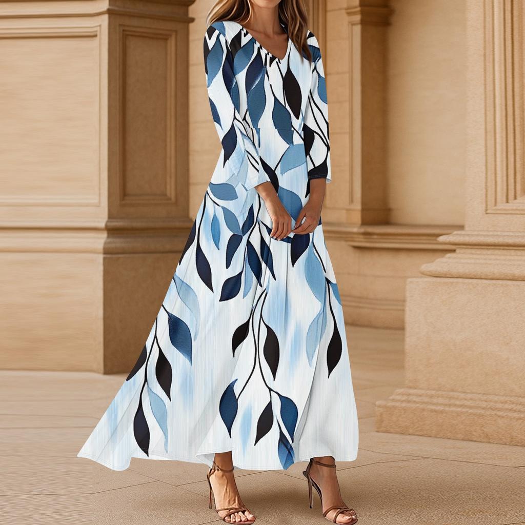 Women's Casual 3/4 Sleeve V-Neck Floral Print Maxi A-Line Beach Dress