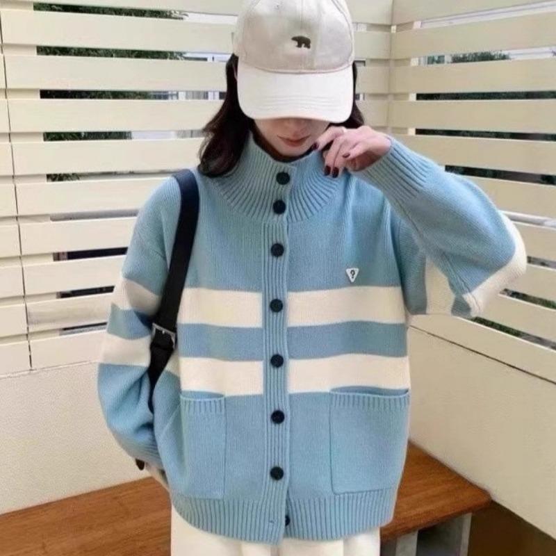 Autumn and winter new retro college loose long-sleeved sweater women's lazy wind stand-up collar striped knitted jacket