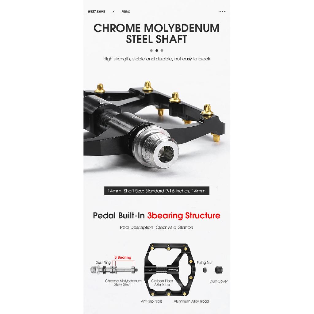WEST BIKING Bicycle Pedal Three Bearing MTB Road Bicycle Pedal Aluminum Alloy Anti Slip Universal Bicycle Accessories