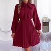 Elegant Høst Vinter Dame Snøring Høy Midje Langermet Plissert Ensfarget Kjole