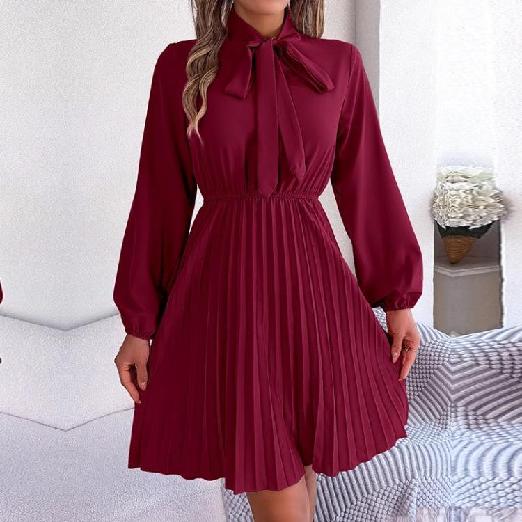 Elegant Høst Vinter Dame Snøring Høy Midje Langermet Plissert Ensfarget Kjole