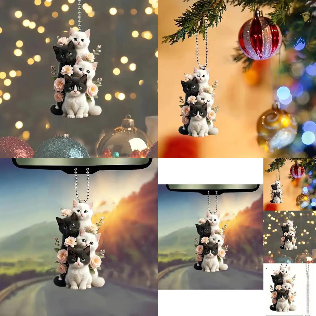 Charming 2d Acrylic Cream Cat Hanging Ornament For Car Rearview Mirror Decor