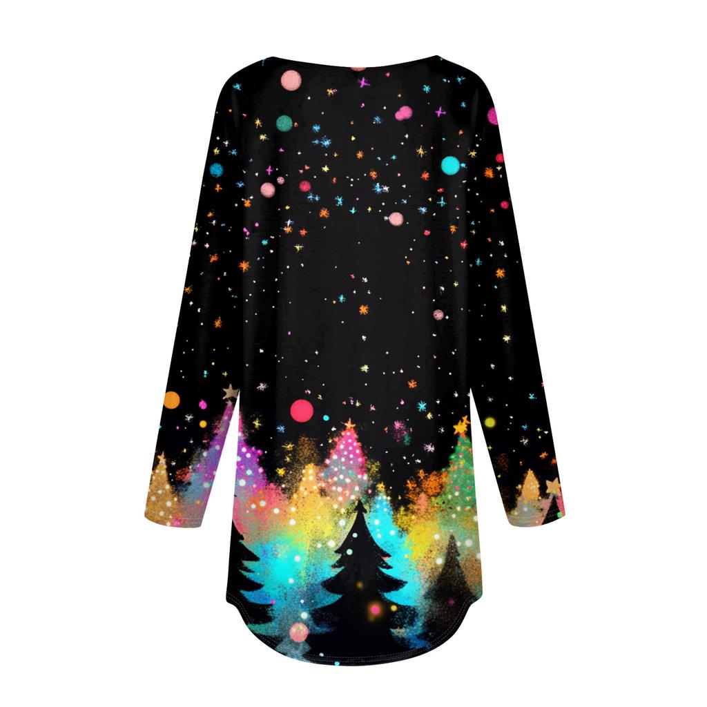 Women's Fashionable Loose-Fit Button-Down Collar Christmas Print Long-Sleeved Top
