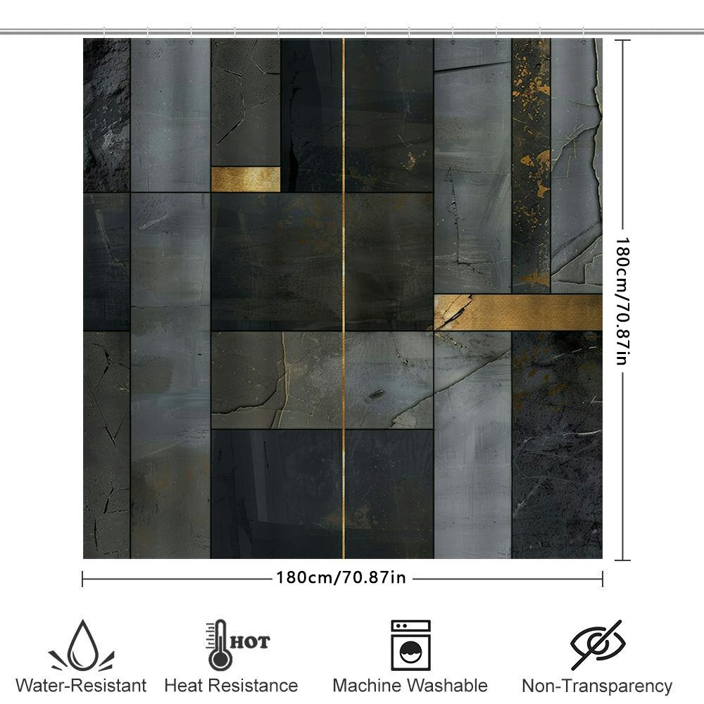 Luxury Marble Effect Shower Curtain Waterproof Bathroom Decor Gold Accents Large Size 72 X 84 Inches Gray Black White Modern Des